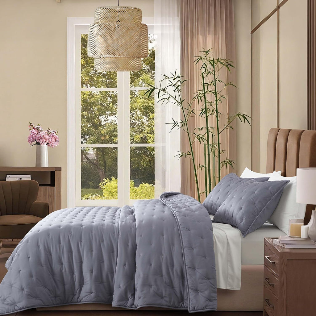 100% Viscose Derived from Bamboo Quilt Set, Soft Dreamer Cross Stitch Bedding, All Season Down Alternative Comforter with 4 Corner Loops, 2-Piece Set, Twin,Dark Grey