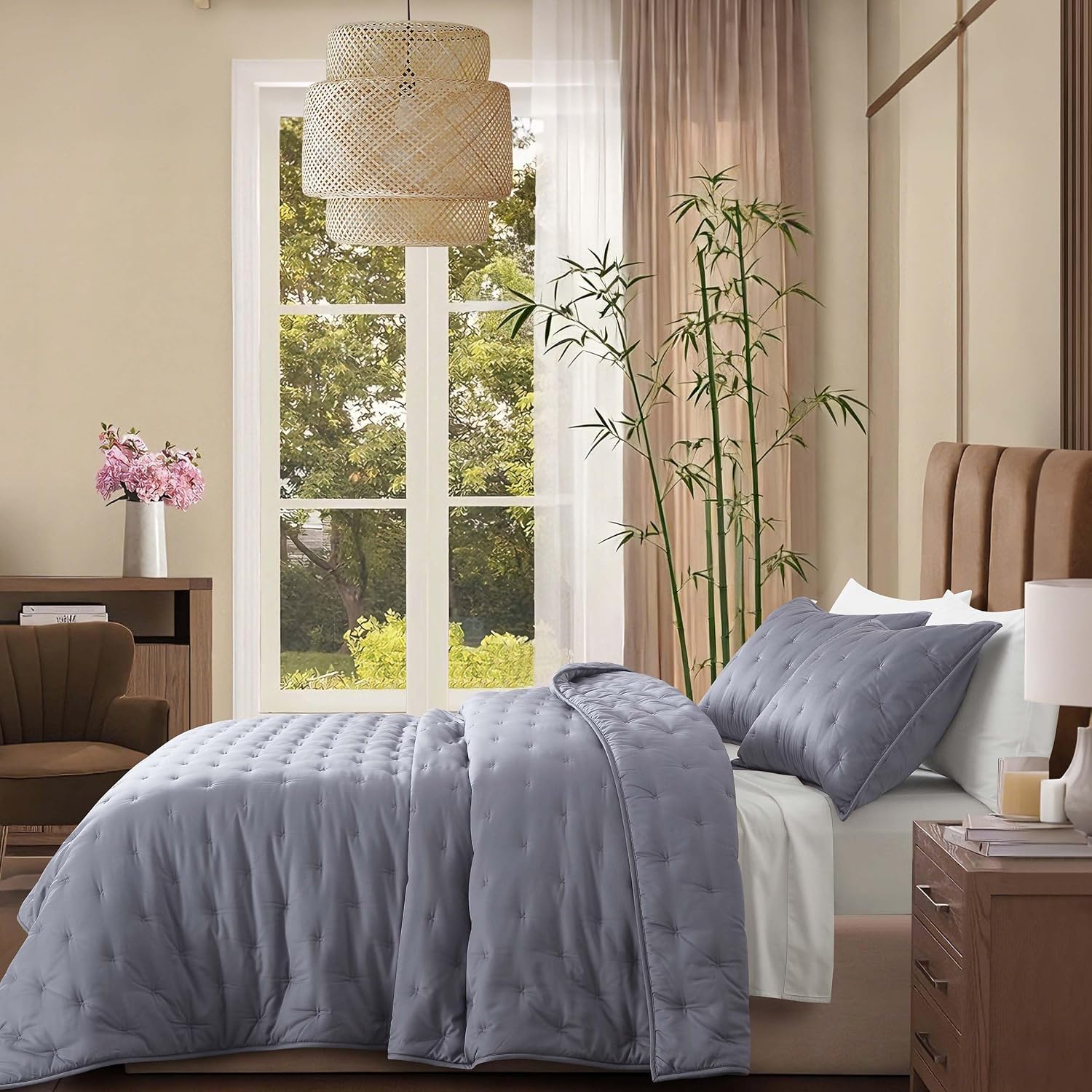 100% Viscose Derived from Bamboo Quilt Set, Soft Dreamer Cross Stitch Bedding, All Season Down Alternative Comforter with 4 Corner Loops, 2-Piece Set, Twin,Dark Grey