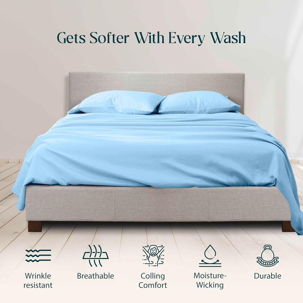 1000 Series- Extra Long Staple 100% Egyptian Cotton Sheet Set,Sateen Weave, Hotel Quality Soft Luxury Bedding, Queen Size 4 Piece Sheet Set Fit 15' Inch to 18' Deep Light Blue Solid.