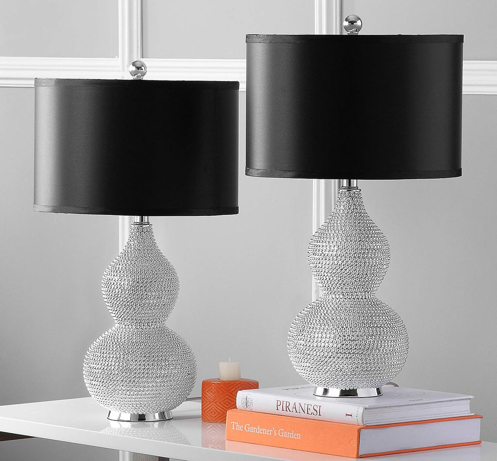 SAFAVIEH Lighting Collection Nicole Silver/Black Shade Beaded 25-inch Table Lamp Set of 2 with USB Charging Port (LED Bulbs Included)