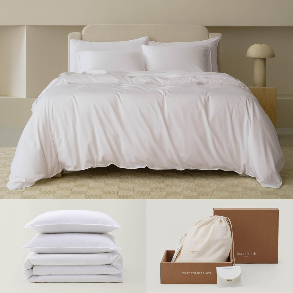 Double Stitch Cotton Tencel Duvet Cover - Queen Size Comforter Cover, Luxury & Soft Eucalyptus Lyocell Bedding Set for Hot Sleepers, Cooling & Breathable, Button Closure, Bright White, 90'x90'