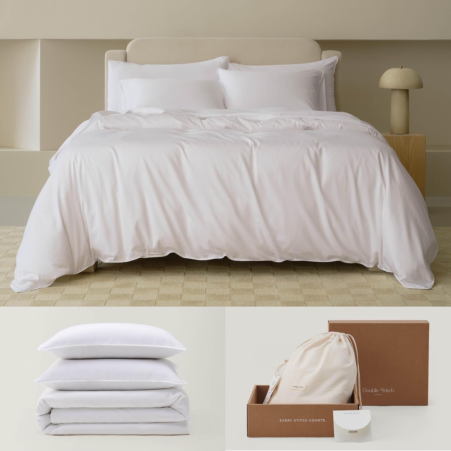 Double Stitch Cotton Tencel Duvet Cover - Queen Size Comforter Cover, Luxury & Soft Eucalyptus Lyocell Bedding Set for Hot Sleepers, Cooling & Breathable, Button Closure, Bright White, 90'x90'