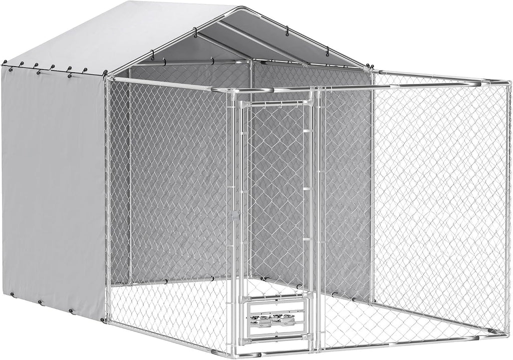 PawHut Large Outdoor Dog Kennel, Heavy Duty Galvanized Chain Link Dog Kennel Outside with Waterproof & UV-Resistant Cover, Rotating Bowls Door, for M&L Breeds, Chickens, Ducks, 13' x 7.5' x 7.5'
