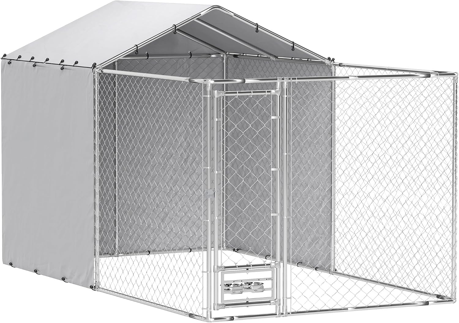 PawHut Large Outdoor Dog Kennel, Heavy Duty Galvanized Chain Link Dog Kennel Outside with Waterproof & UV-Resistant Cover, Rotating Bowls Door, for M&L Breeds, Chickens, Ducks, 13' x 7.5' x 7.5'