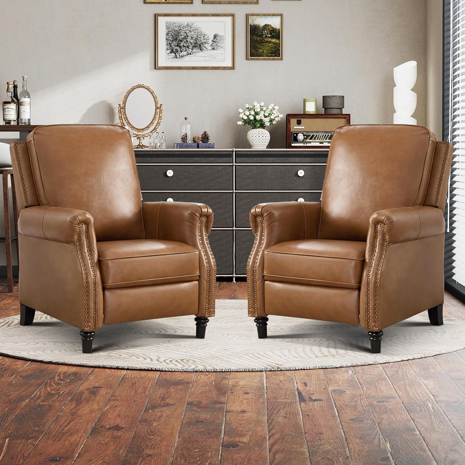 CANMOV Push Back Recliner Chair, Genuine Leather Pushback Reclining Chair with Padded Seat, Wingback Recliner with Rivet Decoration Single Sofa Recliner for Living Room Apartment, Brown