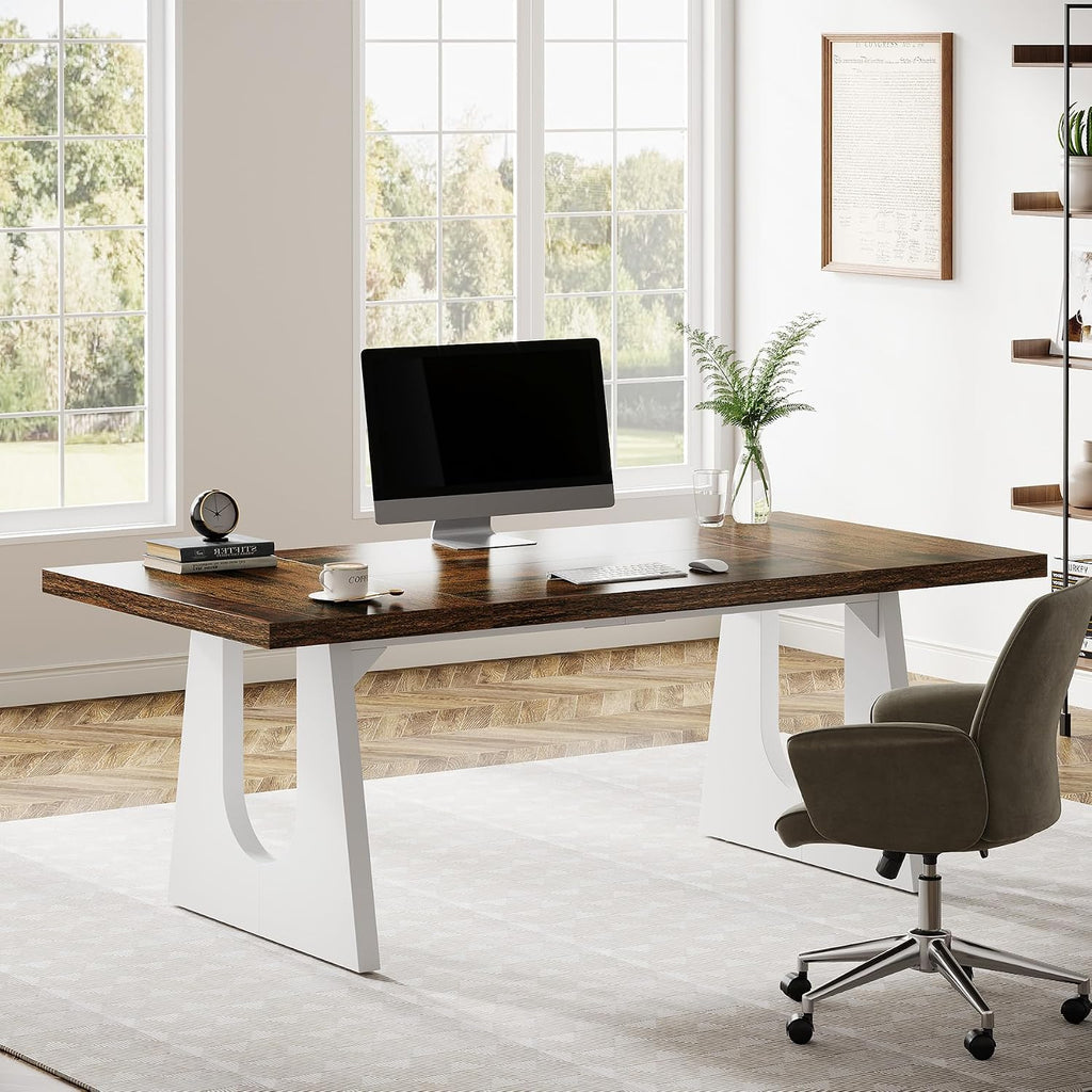 Tribesigns 70.86-Inch Executive Desk, Large Computer Office Desk with Double Wood Pedestal, Modern Simple Style Rectangle Writing Table for Home Office (Brown & White)