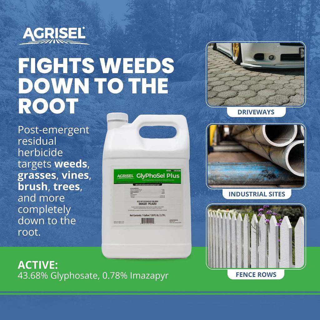Agrisel GlyPhoSel Plus Weed Killer, Post Emergent, Long-Lasting Action, Eliminates Tough Weeds from Leaf to Root, For Non-Crop Areas, Pet Safe, Includes 3-pack of Agrisel Protective Gloves, 128 Ounces
