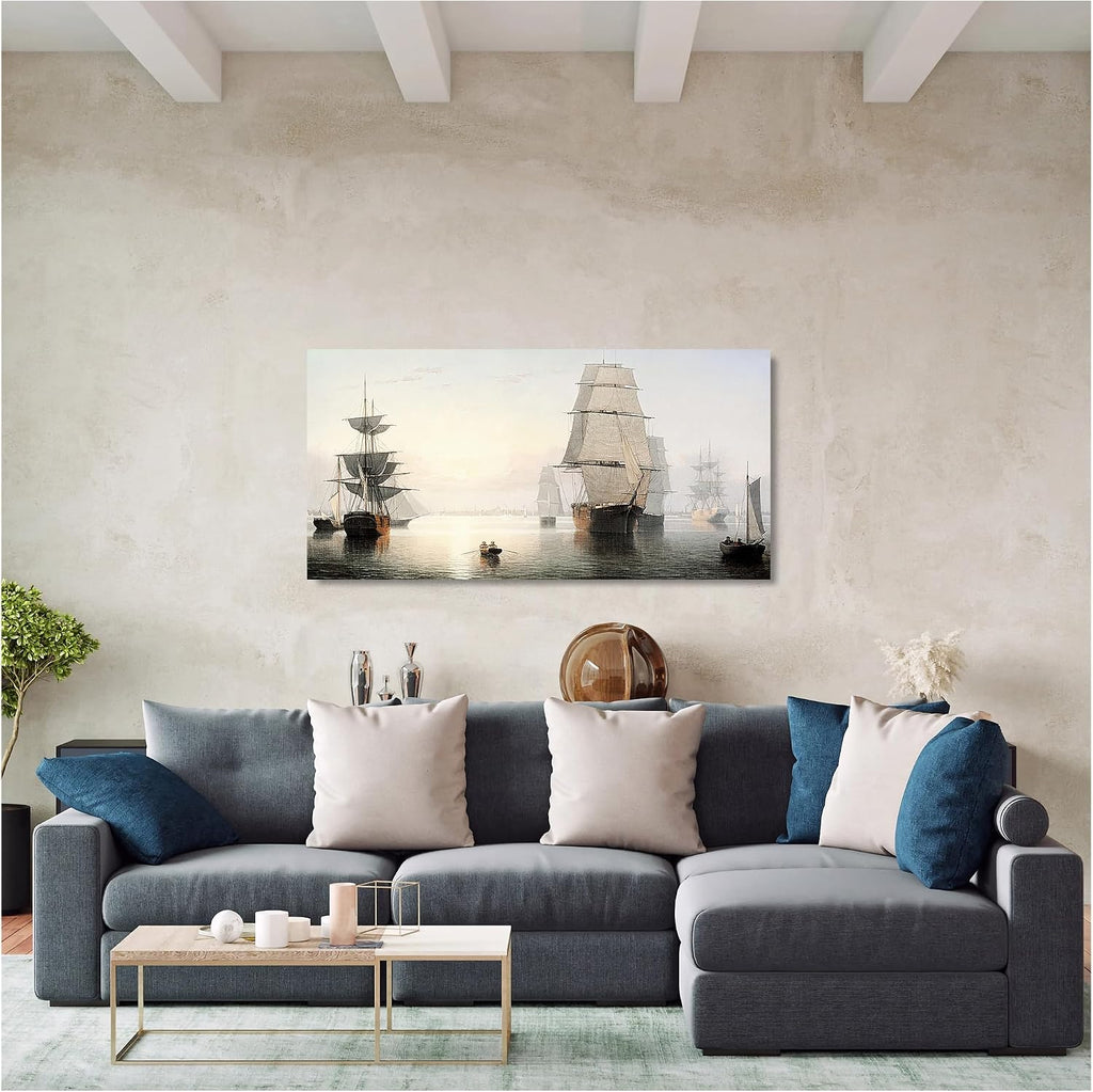 A&T ARTWORK Boston Harbor, Sunset, Fitz Henry Lane Sailboat Warship Painting Reproductions Reproductions,Giclee Canvas Prints Wall Art for Home Decor,45x24x1.5 inches