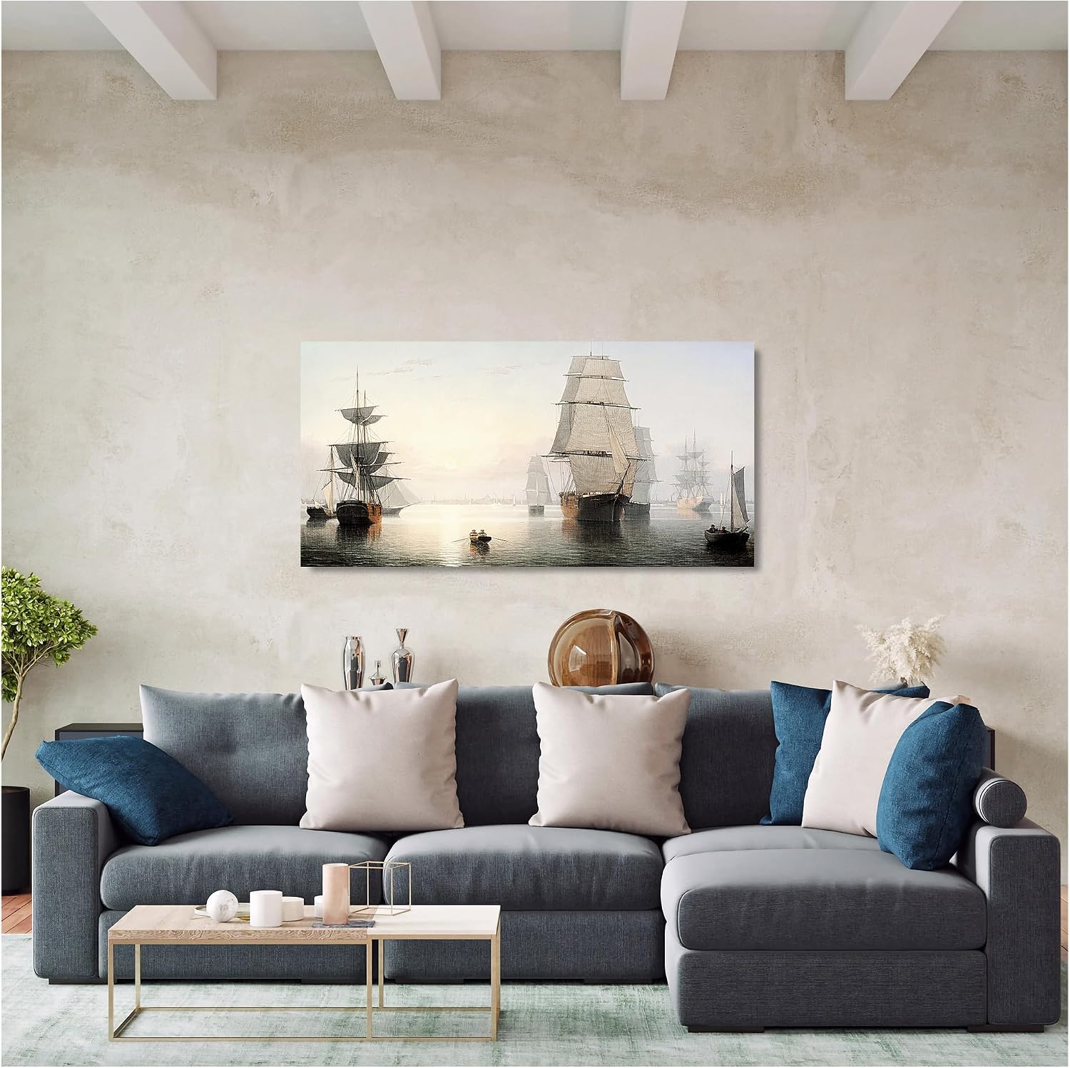 A&T ARTWORK Boston Harbor, Sunset, Fitz Henry Lane Sailboat Warship Painting Reproductions Reproductions,Giclee Canvas Prints Wall Art for Home Decor,45x24x1.5 inches