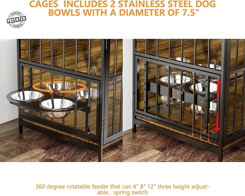 ROOMTEC Furniture Style Large Dog Crate with 360° & Adjustable Raised Feeder for Dogs 2 Stainless Steel Bowls -End Table House Pad, Indoor Use,41' L X 24' W 36' H, Classic Brown