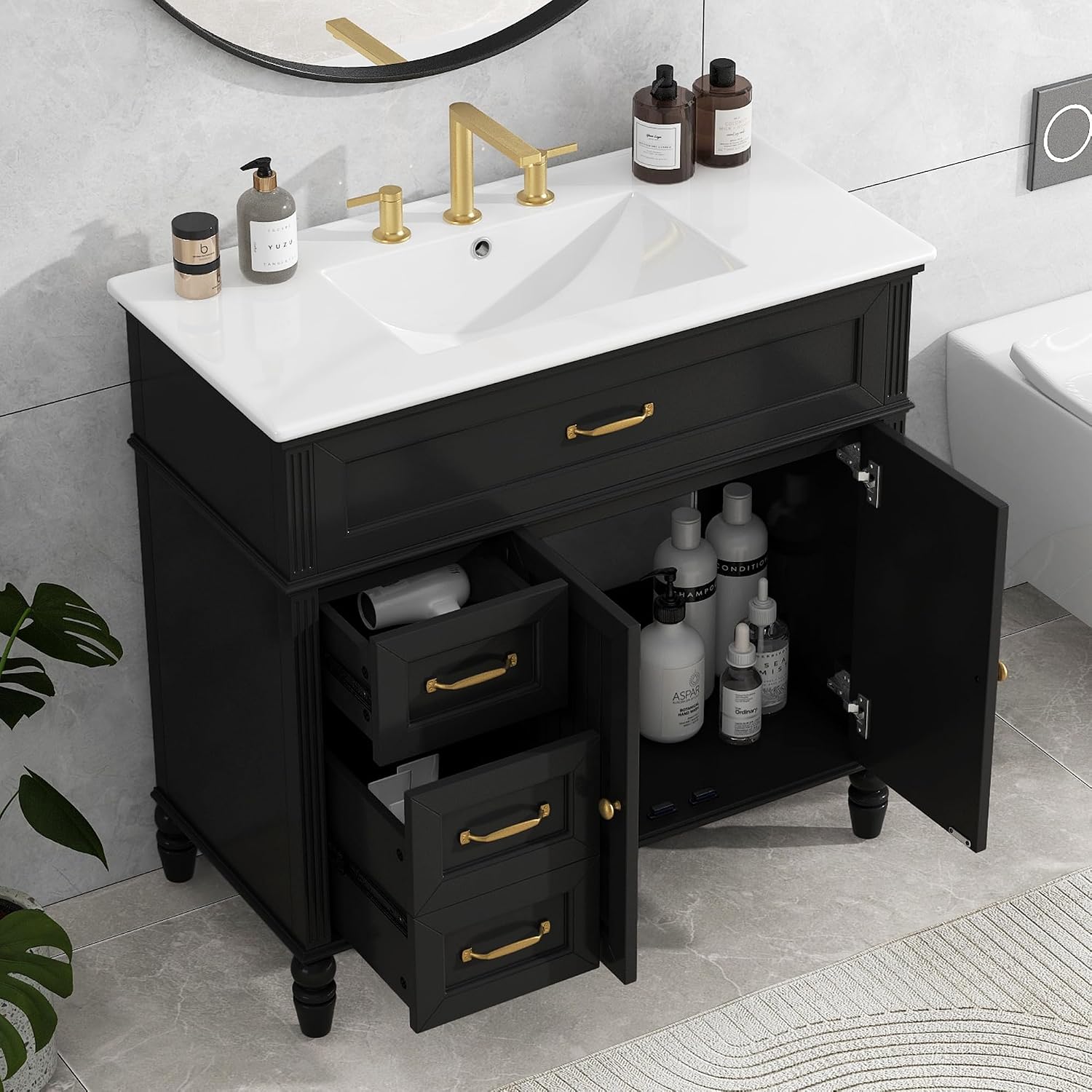 Flieks 36' Bathroom Vanity with Sink, Black Bathroom Cabinet with Drawers, Solid Frame and MDF Board, One Package
