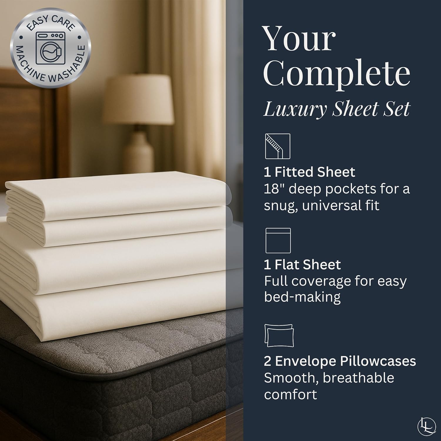 Linden & Lain Luxury Queen Size Bed Sheet Set | Organic Ultra Soft Bed Sheets | Viscose Derived from Bamboo | Microfiber | 18' Deep Pocket with Upgraded Elastic | Best Cooling Technology | Ivory