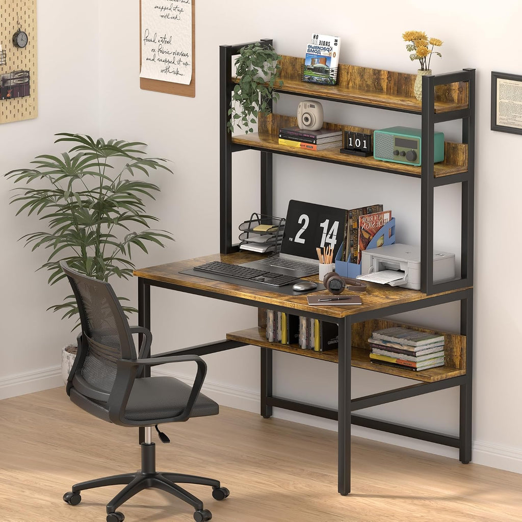 Aquzee Computer Desk with Hutch, 47'W x 23.6' D Desk with Shelves, Tall Home Office Desk with Bookshelf, Metal Legs Study Table with Upper Storage Shelf for Study Writing/Workstation