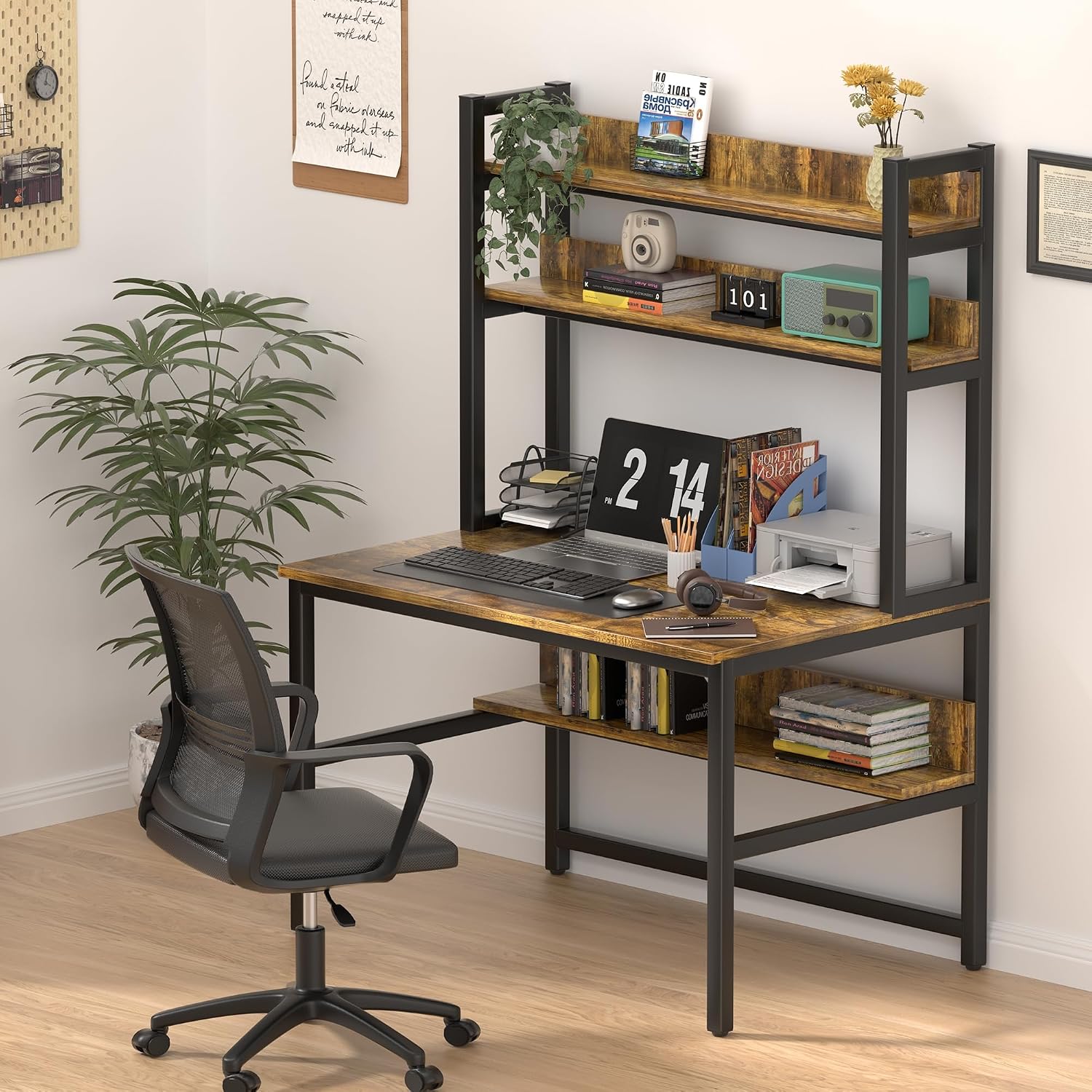 Aquzee Computer Desk with Hutch, 47'W x 23.6' D Desk with Shelves, Tall Home Office Desk with Bookshelf, Metal Legs Study Table with Upper Storage Shelf for Study Writing/Workstation