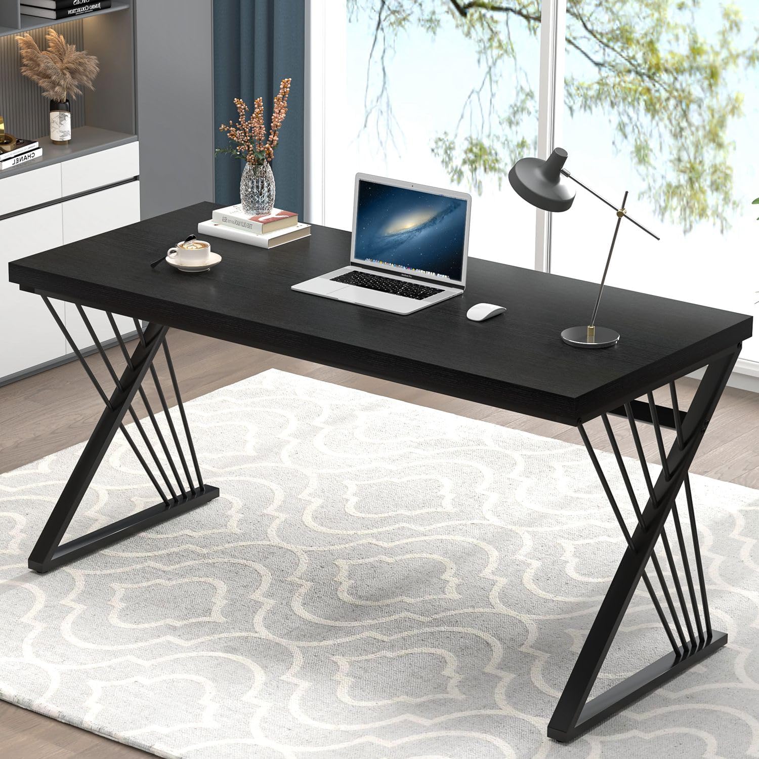FOLUBAN Black Desk, Modern Wood and Metal Computer Desks for Home Office, Simple Writing Work PC Desk for Bedroom, Industrial Study Gaming Table for Living Room, 60 Inch