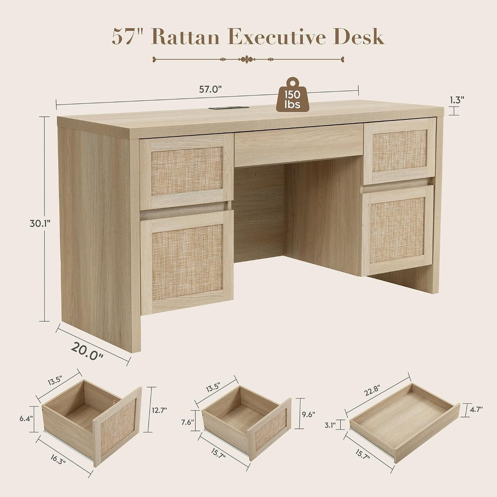Yechen Executive Desk with 5 Drawers, 57' Modern Rattan Home Office Desk with Charging Station, File Drawer, Farmhouse Boho Computer Writing Desk for Study, Work, Light Beige