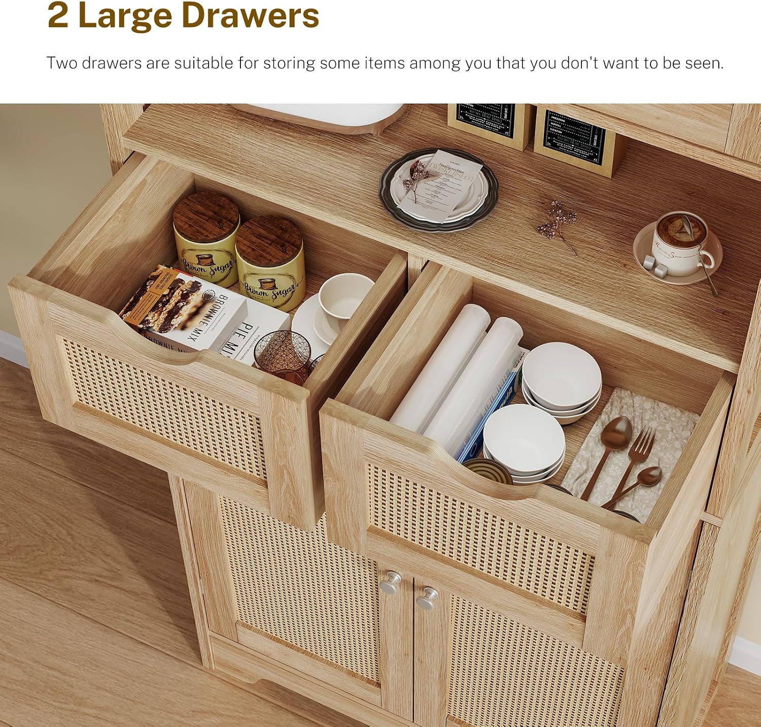 Iwell Tall Storage Cabinet with 2 Drawers & Adjustable Shelves, Rattan Cabinet, Kitchen Storage Cabinet, Pantry Cabinet with 4 Doors, Tall Cabinet for Living Room, Kitchen, Home Office, Natural
