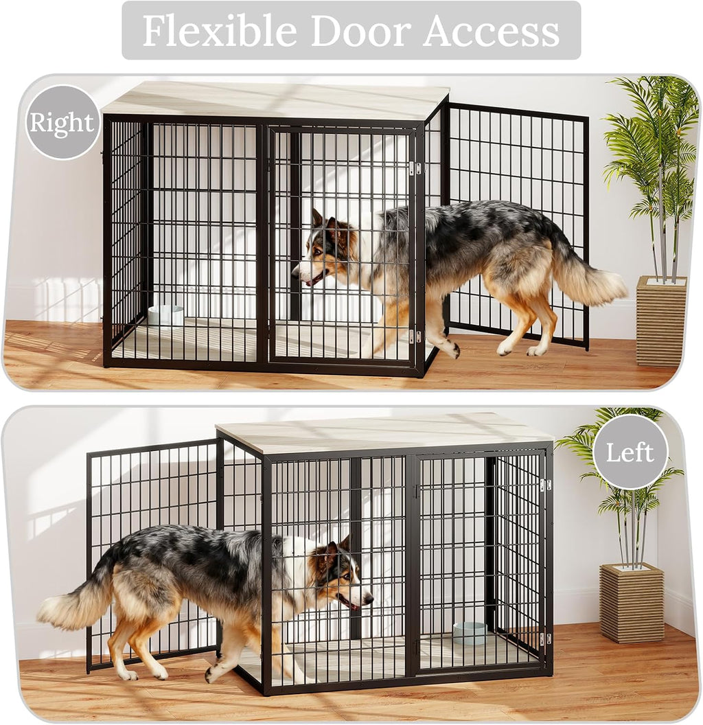 Yafylly 48' Dog Crate Furniture for Medium Large Dogs, Indestructible Large Dog Kennel Indoor with 3 Doors, Wooden Dog Cage Side End Table, Heavy Duty XL Dog Crate, Gray