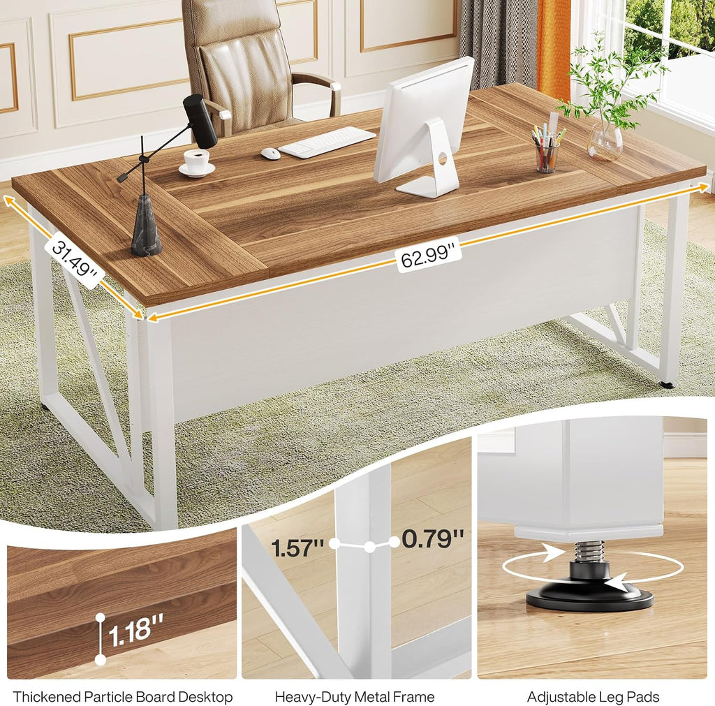 Tribesigns 63 inches Computer Desk with Bottom Storage Shelf Home Office Desk Writing Table for Workstation,Dark Walnut + Steel Leg， Cabinet not Included (Beige, 63-inch)