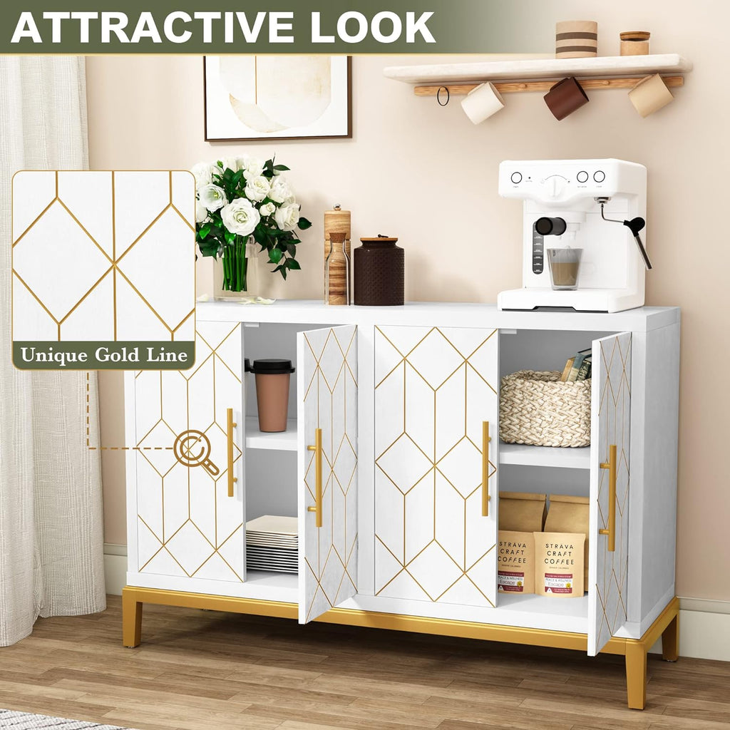 HLR Accent Cabinet with 4 Doors&Shelves, Sideboard Buffet Cabinet with Gold Trim, Modern White Storage for Living Room, Entryway, Kitchen, Dining Room, Hallway