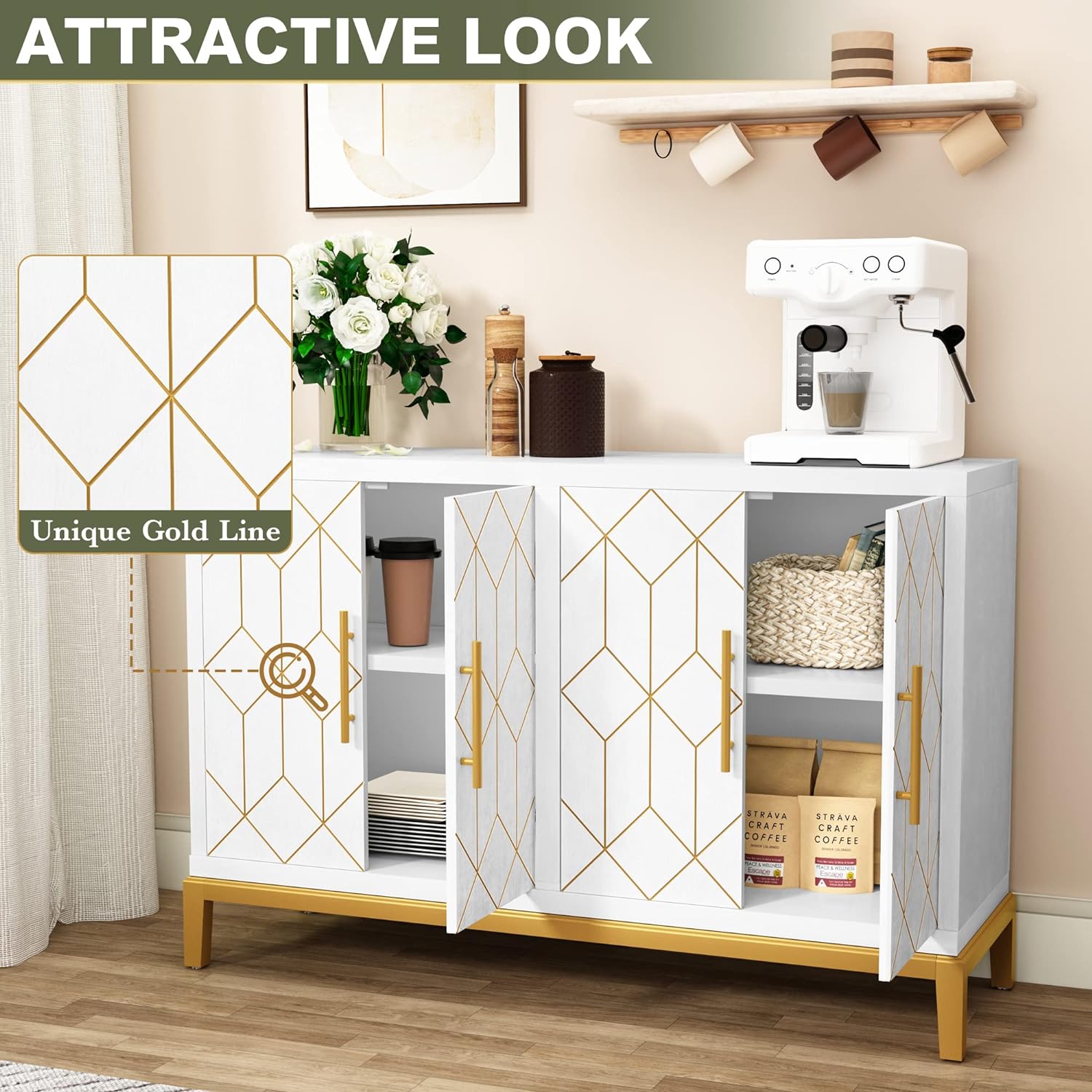 HLR Accent Cabinet with 4 Doors&Shelves, Sideboard Buffet Cabinet with Gold Trim, Modern White Storage for Living Room, Entryway, Kitchen, Dining Room, Hallway