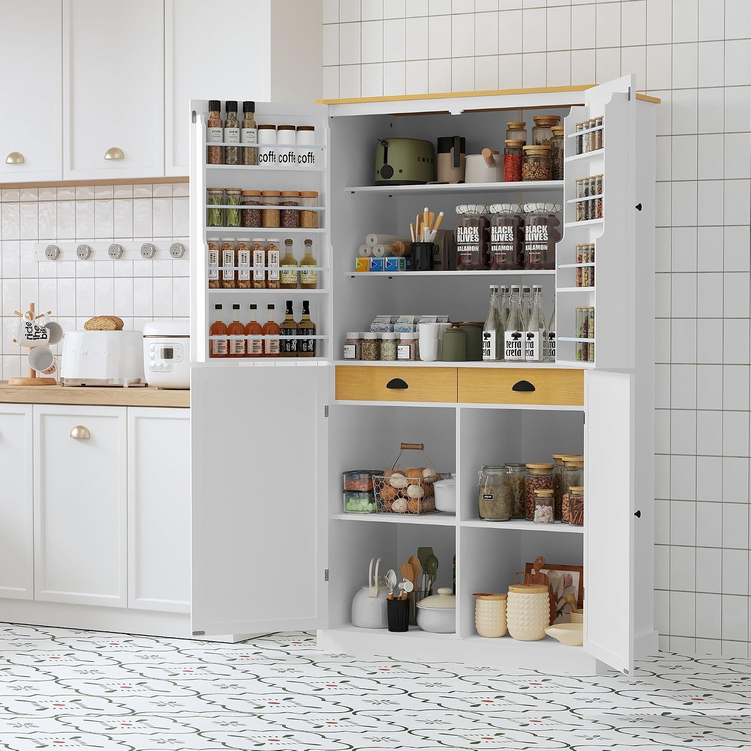 71.3inch Farmhouse Kitchen Pantry, Freestanding Large Cupboard Storage Cabinet with 2 Drawers and 2 Adjustable Shelves, Wood Storage Cabinet with 8 Door Shelves for Kitchen, Dining Room (White-2)