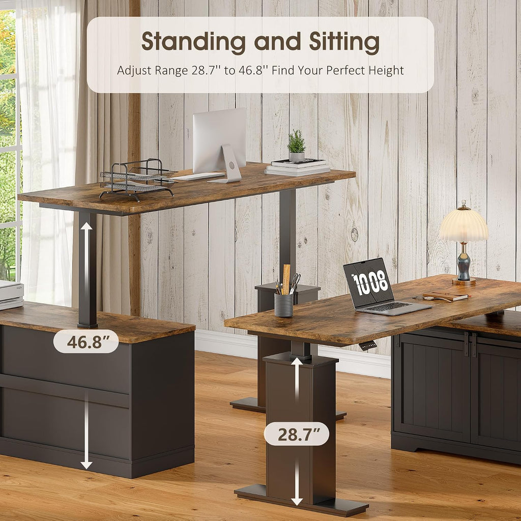 Whalefall L Shaped Standing Desk with Drawers, Height Adjustable Farmhouse Executive Computer Desk, Corner Desk with Cable Management and File Storage for Home Office, Black