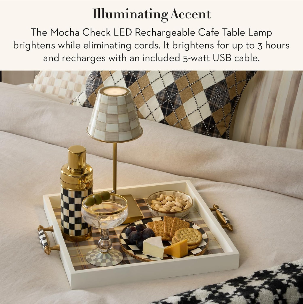 MACKENZIE-CHILDS LED Rechargeable Cafe Table Lamp, Cordless Decorative Lamp, Brown-and-White Mocha Check