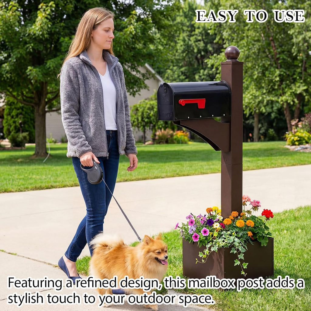 Colingmill Brown and Black Iron Mailbox Posts with Mailbox and Planter Box for Outside Decorative Ground Mounting Post 56 Inch / 4.6 ft Tall Heavy Duty Stand for Outdoor Use