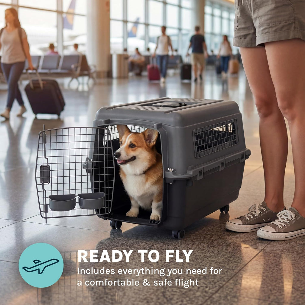 SportPet Airline Compliant MEDIUM 26.5' Travel Dog Kennel-Durable Plastic Airline Pet Carrier w/ Removable Wheels & Food Bowls, Collapsible Indoor/Outdoor Dog Kennel, Dogs up to 23'L & 15'H-Dark Gray