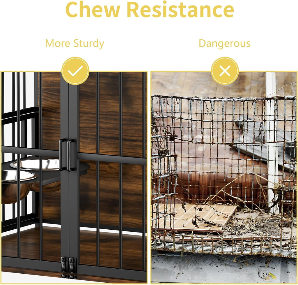 ROOMTEC Dog Crate Furniture-Style Cages for Large Dogs Indoor Heavy Duty Super Sturdy Dog Kennels with 2 Stainless Steel Bowls (48Inch = Int.dims: 46' W x 29' D x 35.5' H)