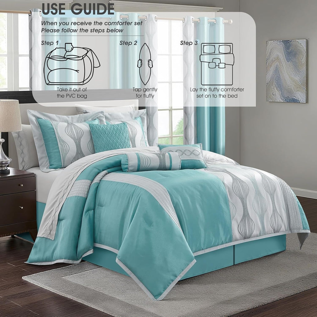 LANCO MODERN LIFESTYLE King Comforter Set, Blue, 15 Pieces Room in a Bag, Ultra Soft Jacquard with Patchwork, Luxury Bed Set with Sheets, Curtains, Bed Skirt, Pillow Shams, Cases and Pillows