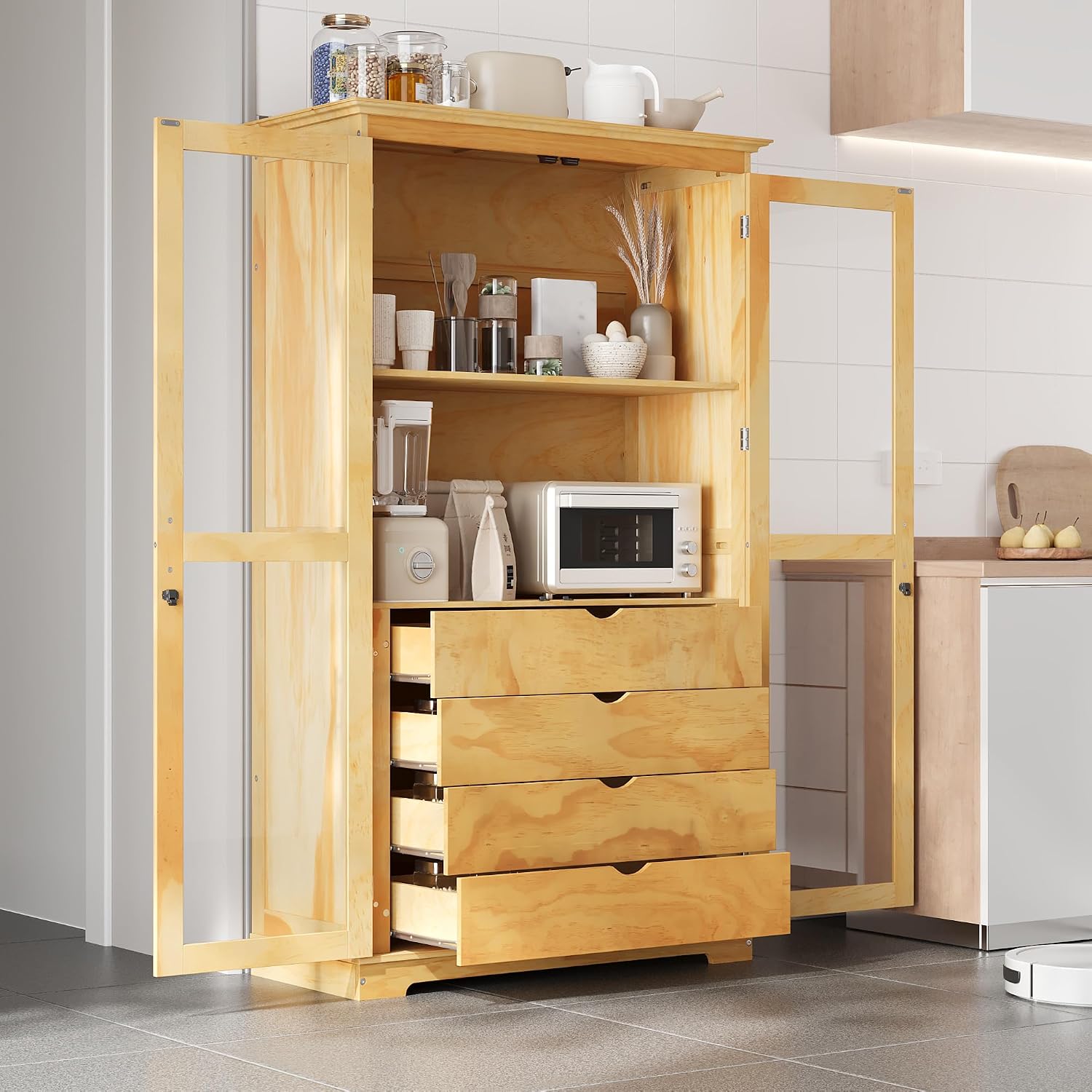 Modern 75inch Kitchen Pantry, Freestanding Kitchen Storage Cabinet Display Cabinet with Glass Doors and 4 Built-in Drawers for Living Room, Home Office (Natural-30r)