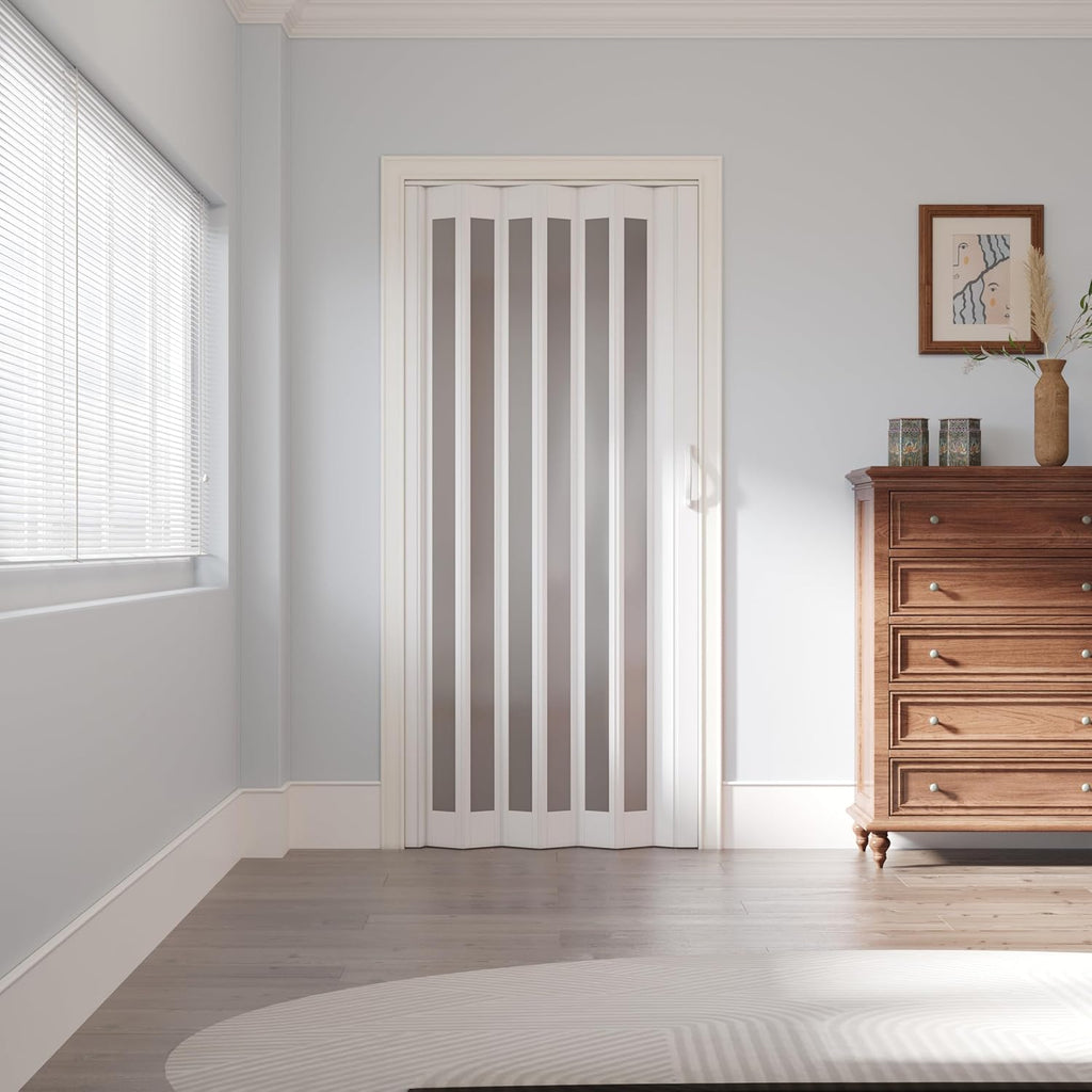 WINSTELLAR 36' x 80' Enhanced Accordion Doors with Frosted Acrylic Panel, Bifold Closet Door Hardware Kit Included, PVC Interior Folding Doors with 2 Handles for Closet Bathroom Doorways
