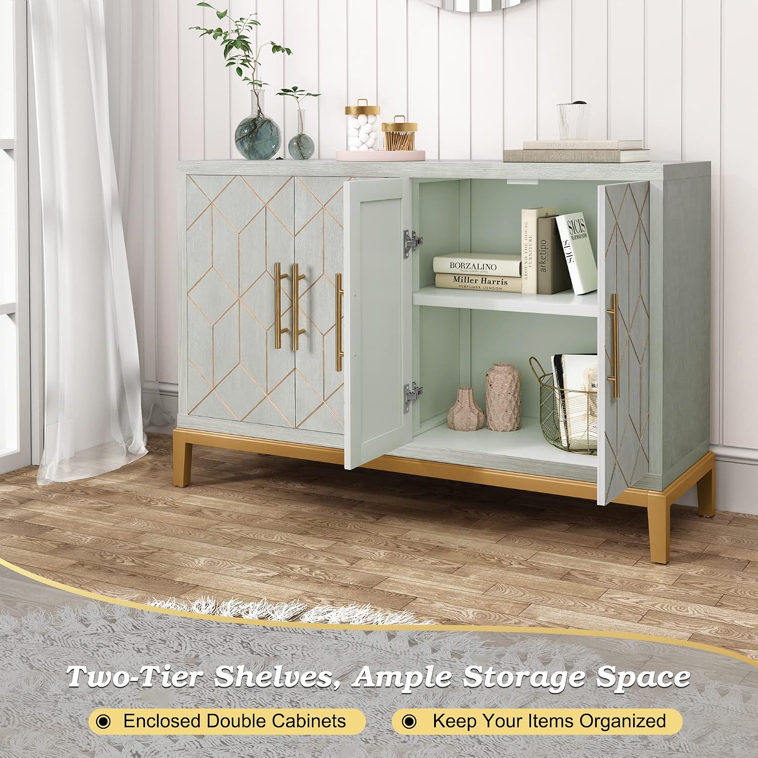 HLR 48' Accent Cabinet with 4 Doors and Shelves, Modern Credenza Storage Cabinet with Gold Trim, Green Buffet Cabinet for Living Room, Kitchen, Dining Room, Hallway