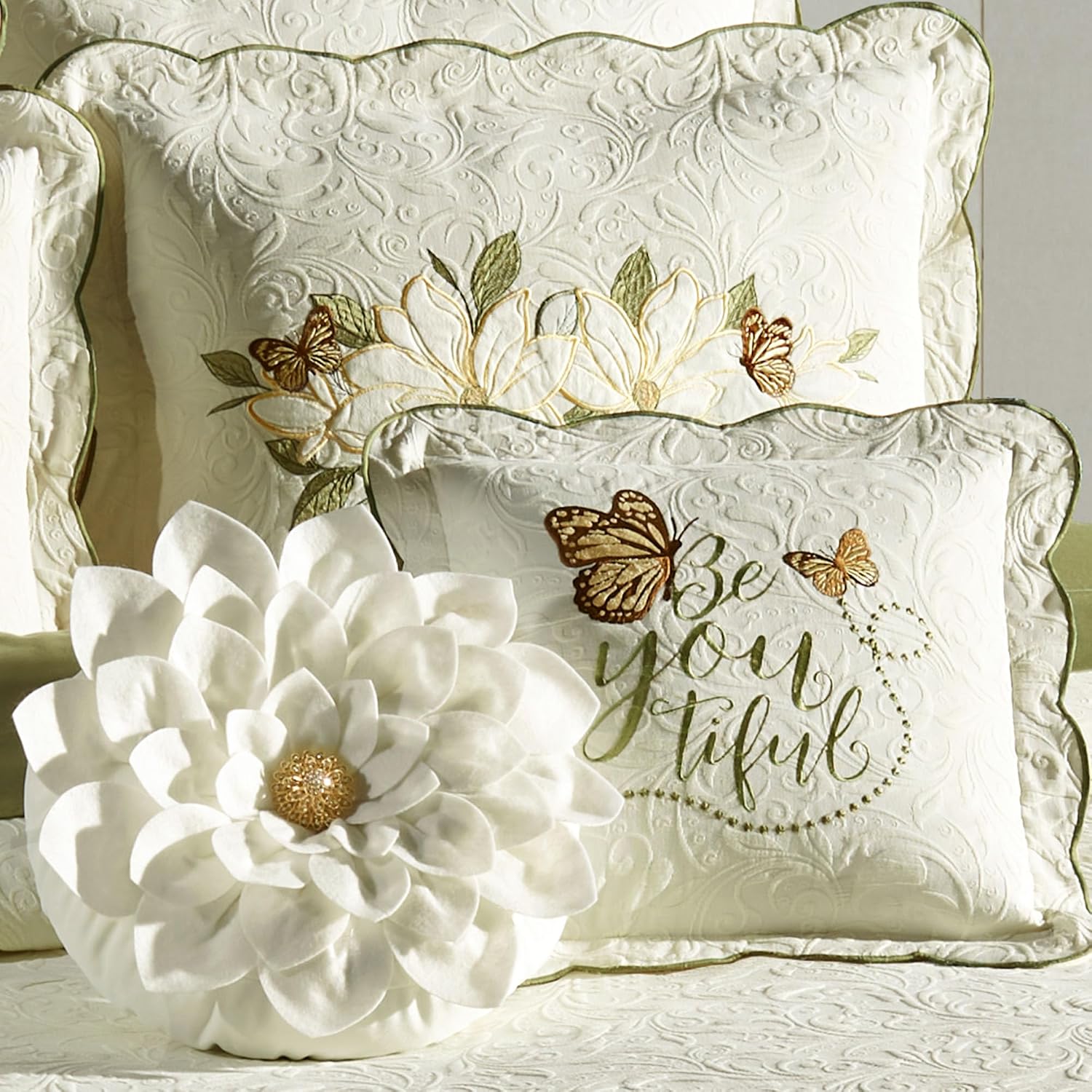 Sweetbay Garden Luxury Matelasse Bedding | Magnolia, Butterfly, & Leaf Velvet Appliques | 4-Pc Ivory Textured Scroll Lightweight Bed Set with King Coverlet, Bedskirt, 2 King Shams, & 2 Accent Pillows