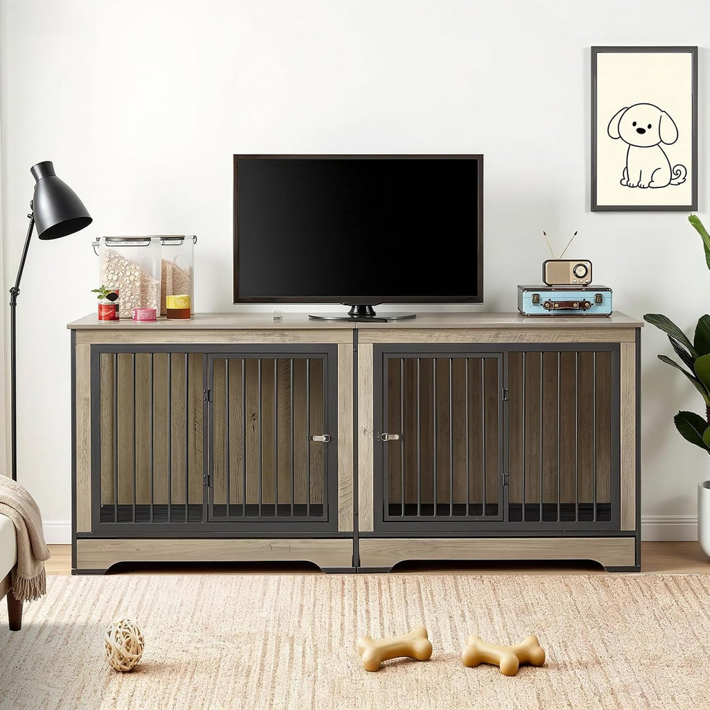 Rovibek 75' Double Dog Crate Furniture for 2 Large Dogs, Heavy Duty Furniture Style Dog Kennel End Table, Wood Crates for Dogs Kennel Indoor Double Door, Grey