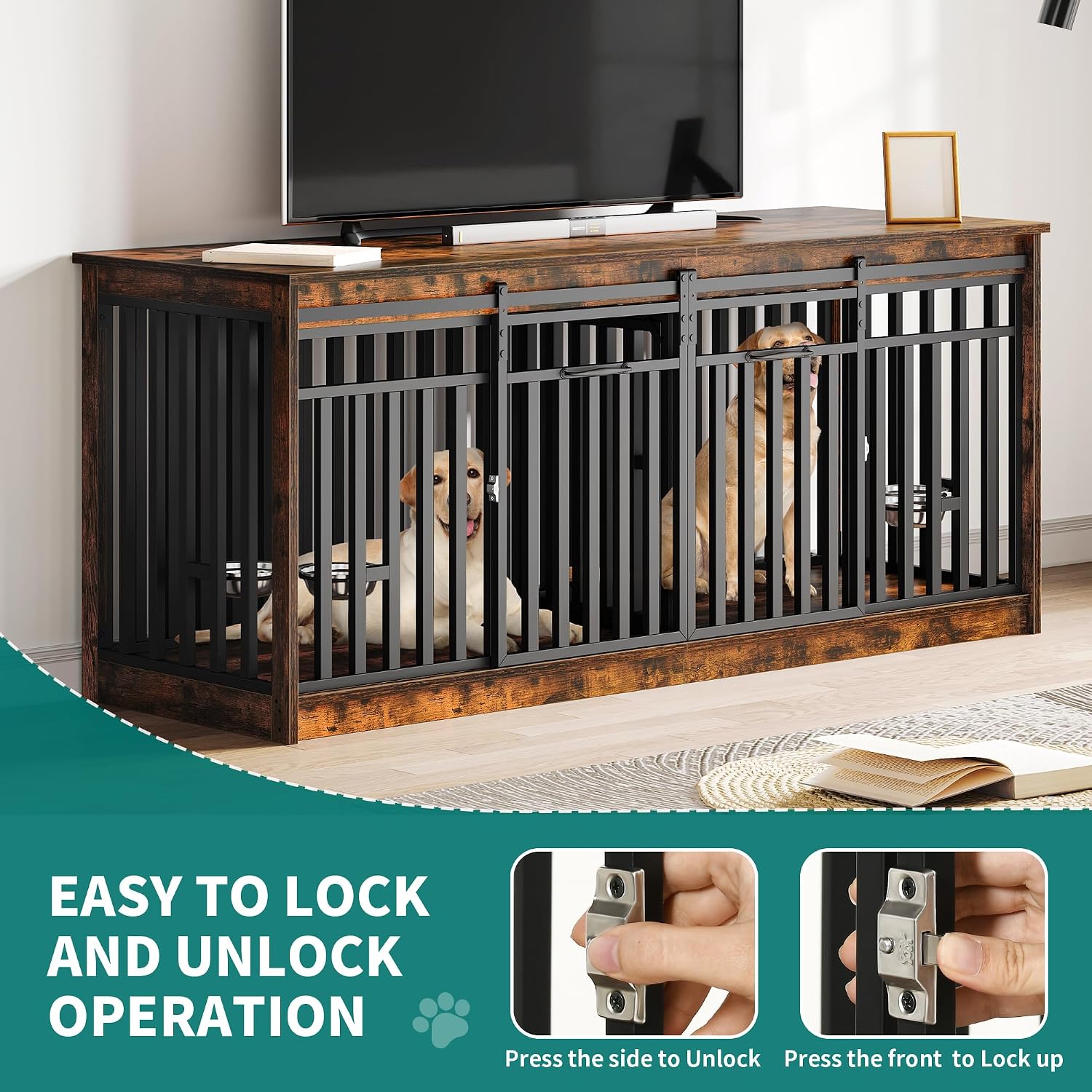 YITAHOME 71' Double Dog Crate Furniture with 4 Dog Bowls, Heavy Duty Wooden Dog Crate TV Stand, Dog Kennel Indoor Furniture Sliding Barn Door Design for Extra Large Dogs, Rustic Brown