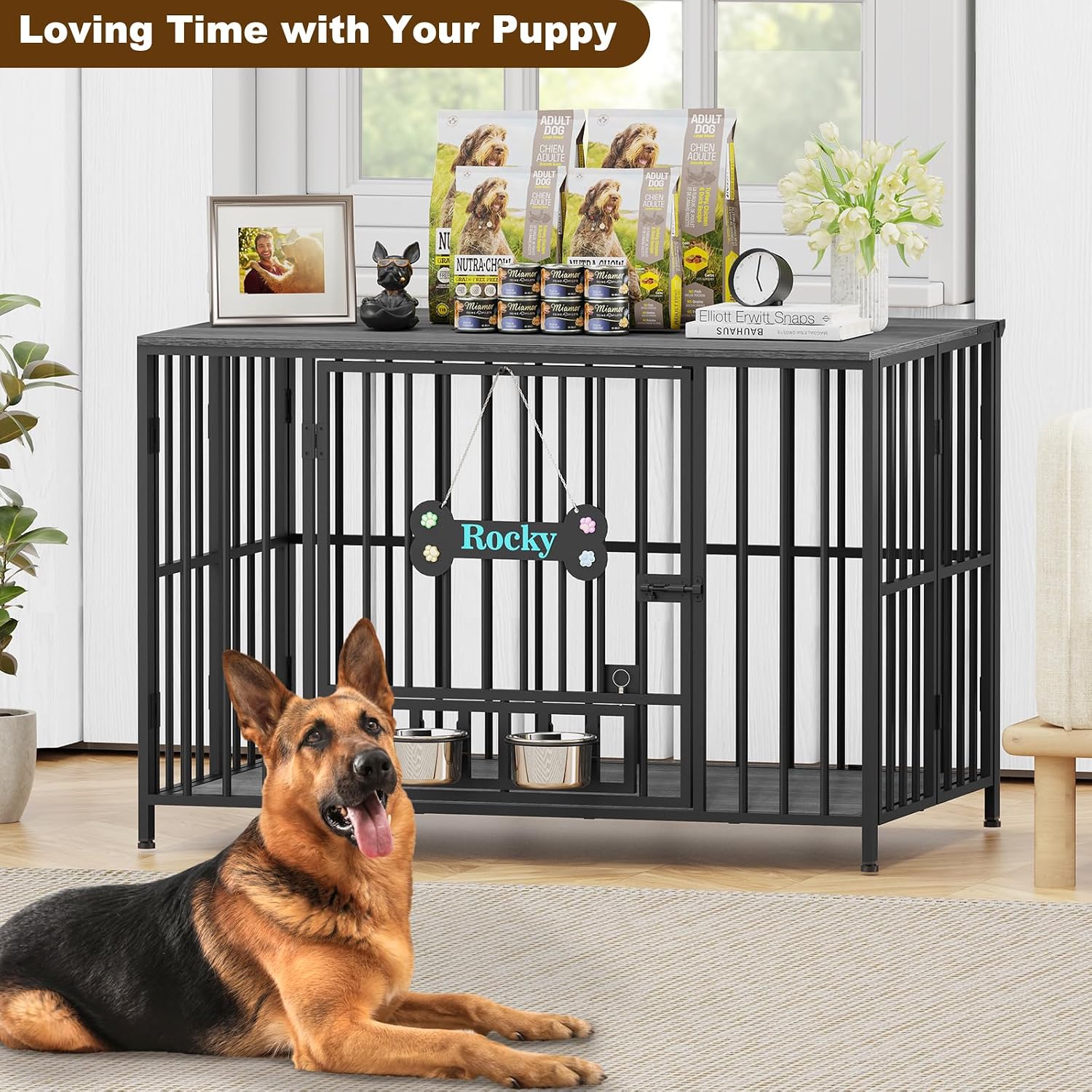 Easycom 43' Dog Crate Furniture Foldable, No Assembly Decorative Dog Kennel Indoor, XL Dog Crates for Large Dogs (60-80 lbs), Wooden Dog Cage with Adjustable Bowls and Name Tag, Dark Grey