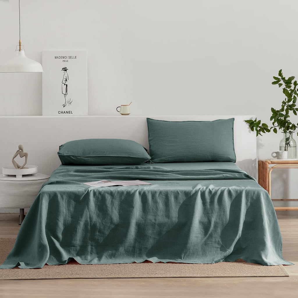 EVERLY Linen Sheets King Size,100% Stonewashed Pure French Linen Sheets 16Inch Deep Pocket Sheets,3Pieces (1Flat Sheet,1Fitted Sheet,2Pillowcase) Natural Flax Soft and Breathable For Hot Sleepers-Aqua