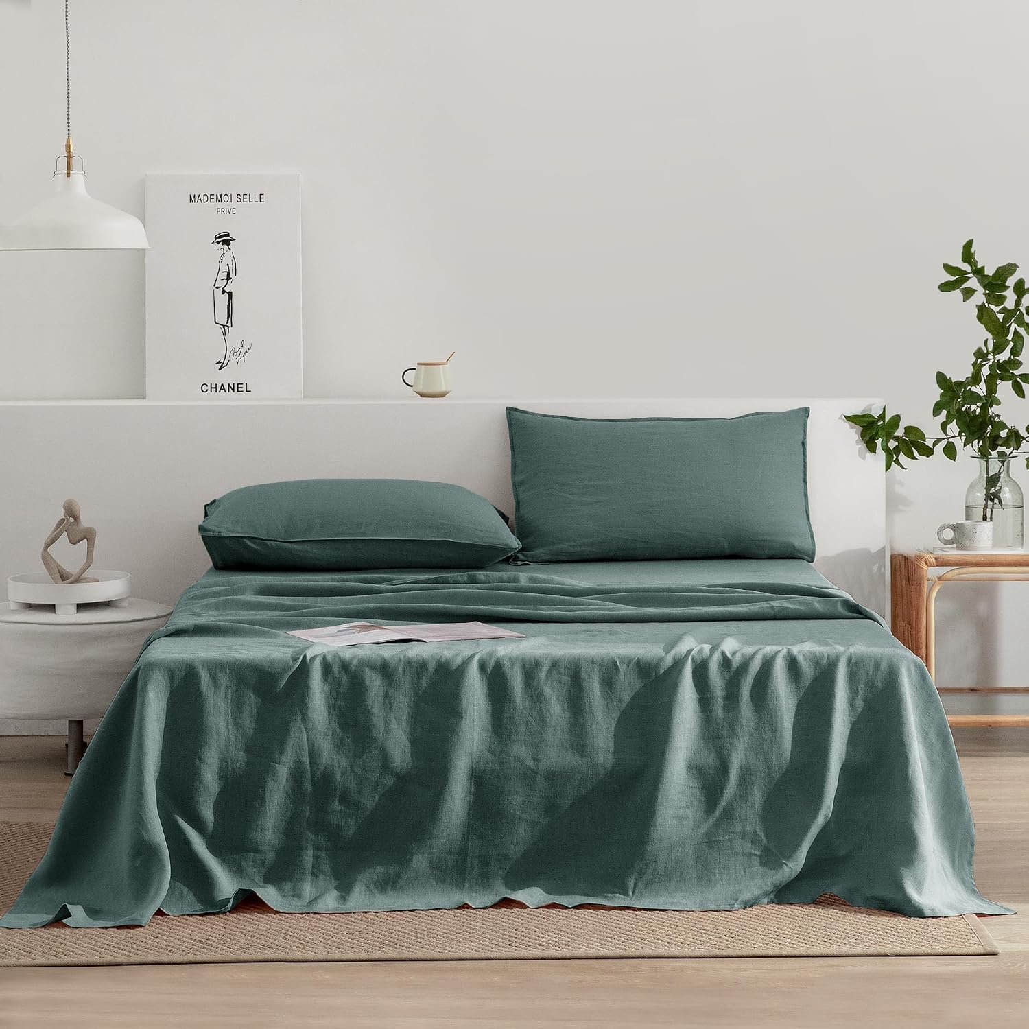 EVERLY Linen Sheets California King Size,100% Stonewashed French Linen Sheets Deep Pocket Sheets,4Pieces (1Flat Sheet,1Fitted Sheet,2Pillowcase) Natural Flax Soft and Breathable for Hot Sleepers-Aqua