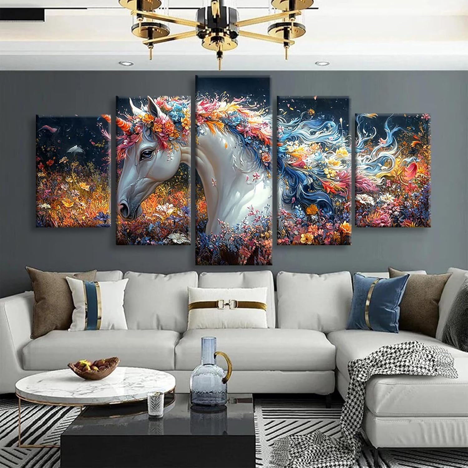 Unicorn Diamond Art 5 Piece Diamond Painting Animal 5D DIY Full Round Drill Dimond Art Paintings Rhinestones Crafts for Adults Gem Painting for Home Decor Large Artwork for Wall 48 x 100 Inch,Model231