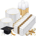 Nervure 700PCS Gold Plastic Plates - Gold Plastic Dinnerware Sets for 100 Guests - 200 Disposable Plates, 300 Silverware, 100 Cups, 100 Napkins for Wedding & Party & Graduation