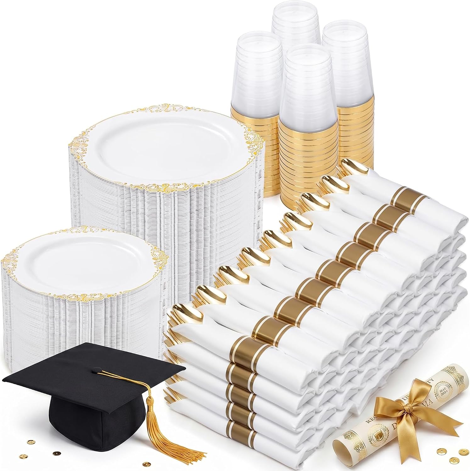 Nervure 700PCS Gold Plastic Plates - Gold Plastic Dinnerware Sets for 100 Guests - 200 Disposable Plates, 300 Silverware, 100 Cups, 100 Napkins for Wedding & Party & Graduation