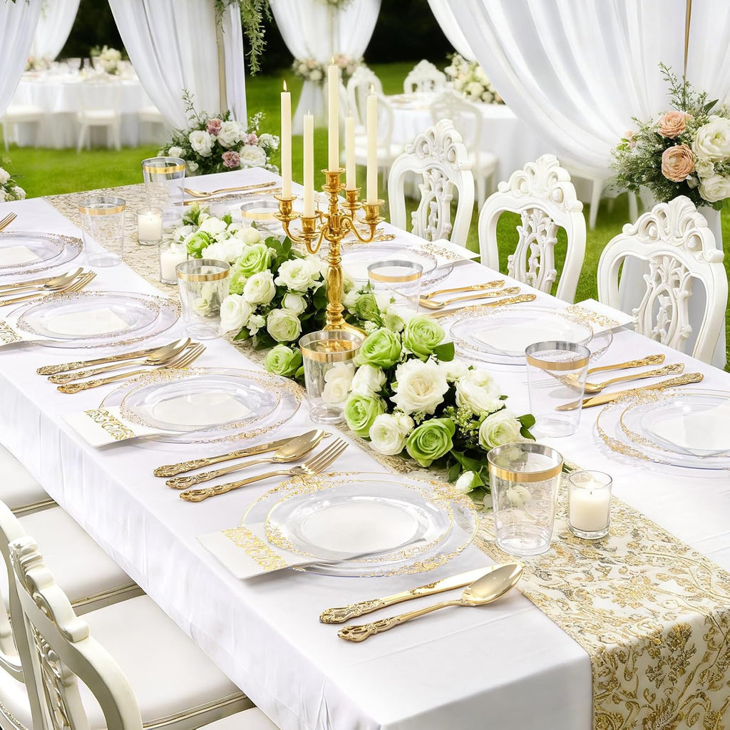 YOUBET 700PCS Clear Gold Plastic Plates - Elegant Gold Plastic Dinnerware Set Include 200 Disposable Plates, 300 Heavy Duty Silverware, 100 Cups, 100 Napkins for Wedding Party
