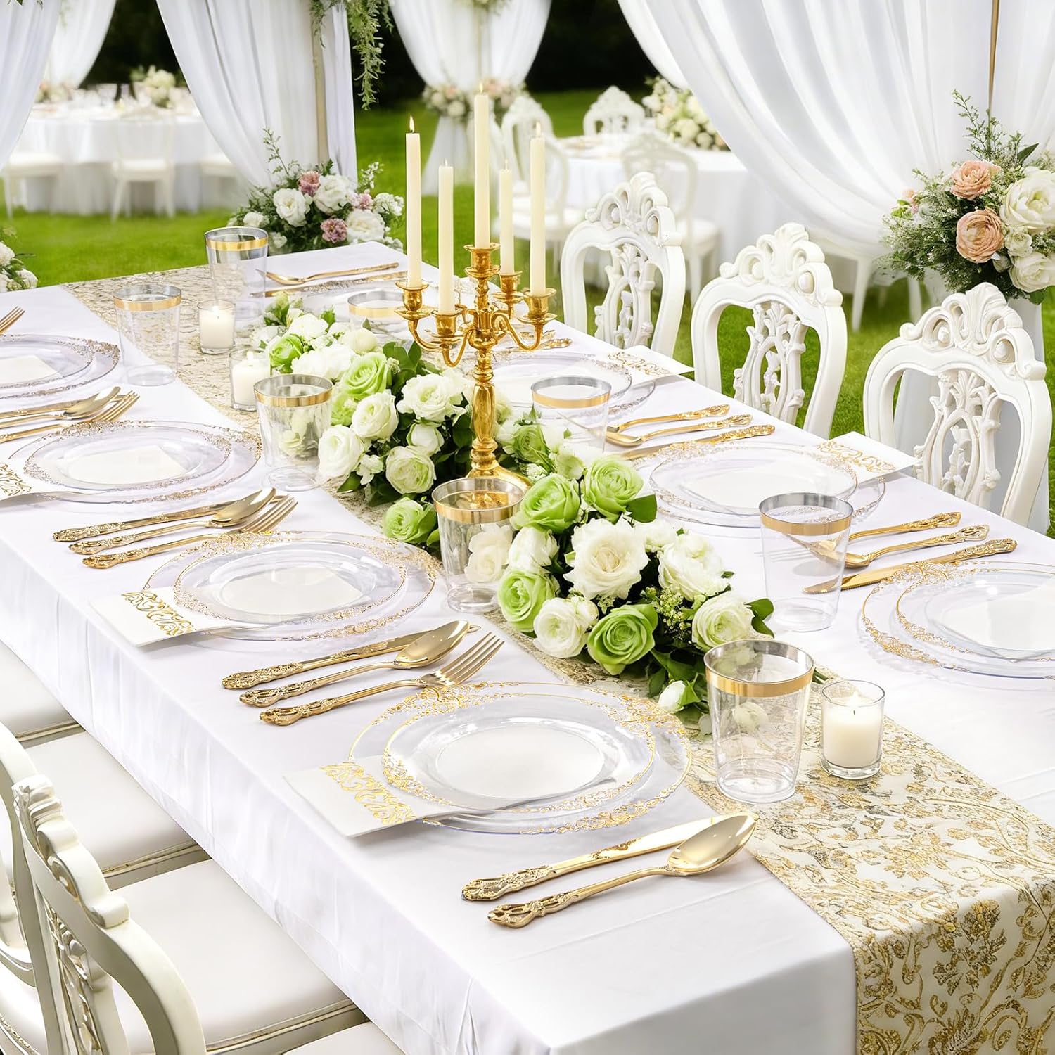 YOUBET 700PCS Clear Gold Plastic Plates - Elegant Gold Plastic Dinnerware Set Include 200 Disposable Plates, 300 Heavy Duty Silverware, 100 Cups, 100 Napkins for Wedding Party