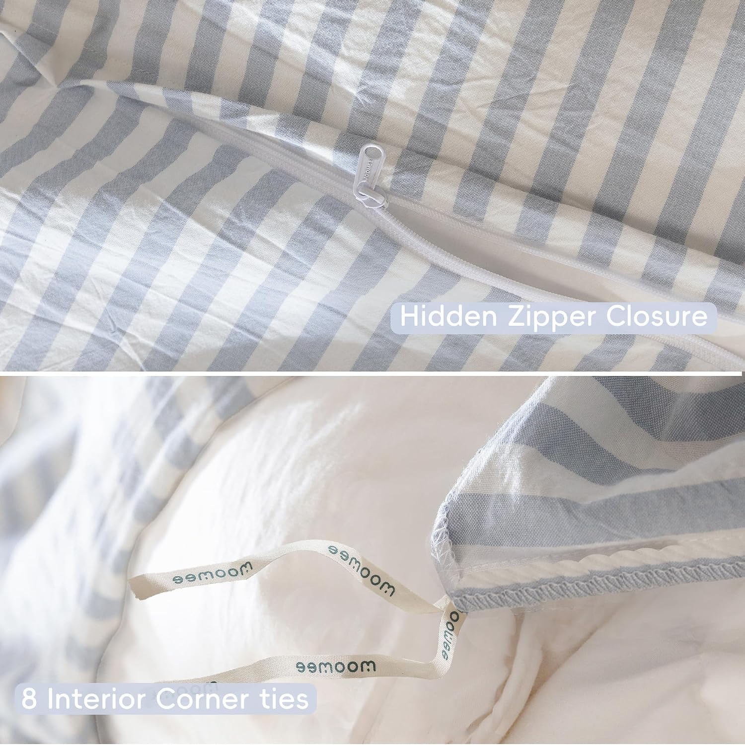 MooMee Striped Duvet Cover Set 100% Washed Cotton Linen Like Textured Breathable Durable Soft Comfy (Cornflower Blue White Classic Stripes, Palatial King/Oversized King 120'x98')