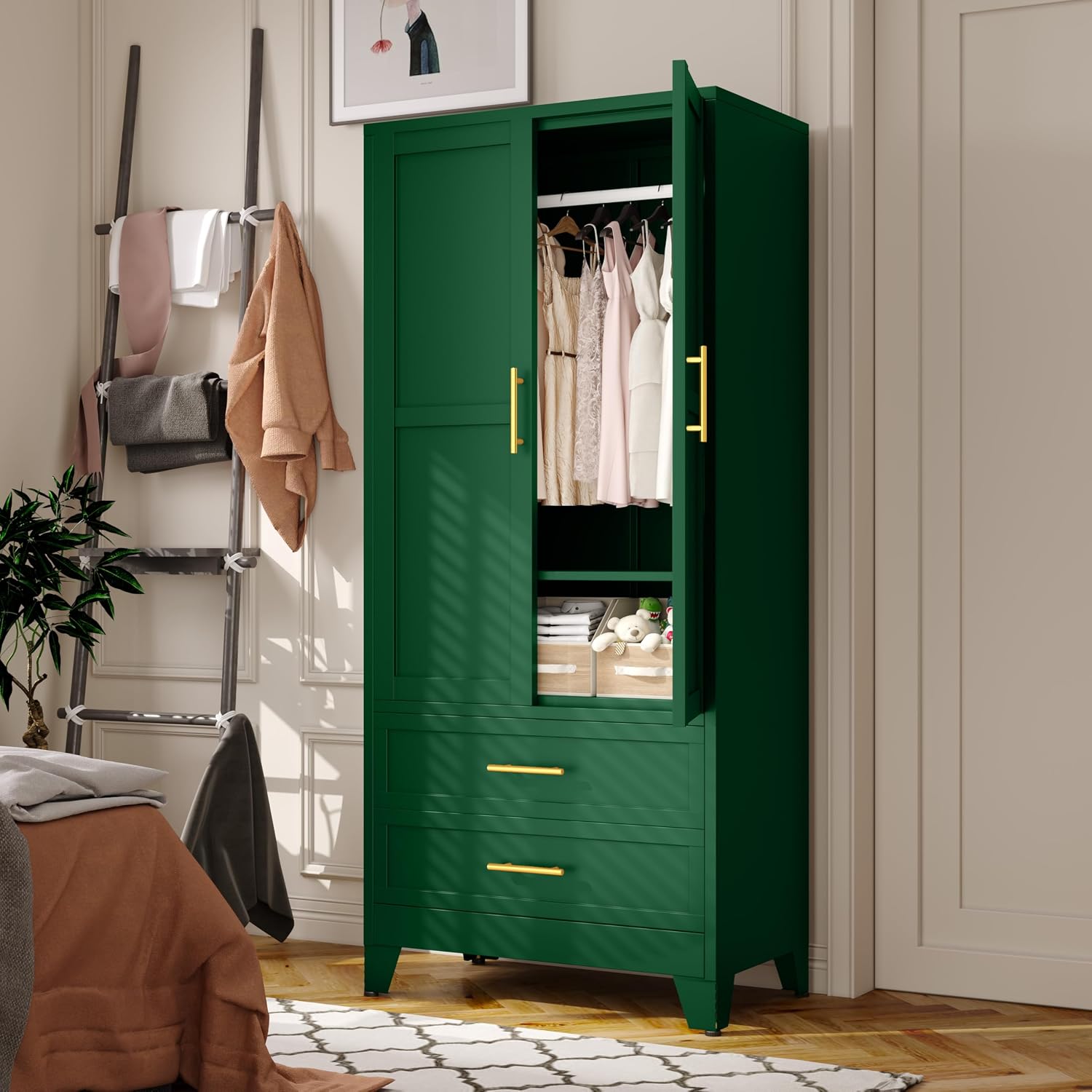 Metal Armoire Wardrobe Closet Storage Cabinet with Hanging Rod,71'' Metal Wardrobe Cabinet with 2 Drawers and Adjustable Shelf,2 Doors for Bedroom, Laundry Room, Cloak Room
