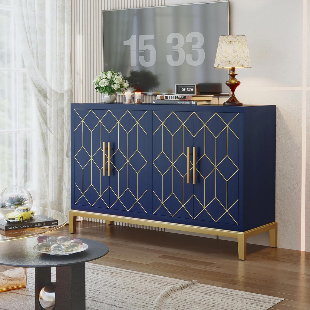 HLR 48' Accent Cabinet with 4 Doors and Shelves, Modern Credenza Storage Cabinet with Gold Trim, Sideboard Buffet for Living Room, Kitchen, Dining Room, Hallway, Blue