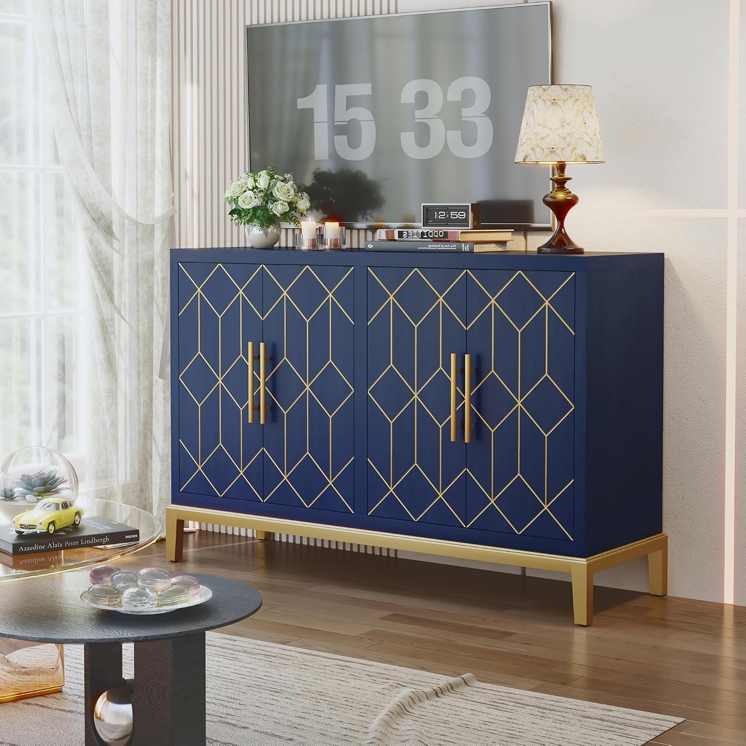 HLR 48' Accent Cabinet with 4 Doors and Shelves, Modern Credenza Storage Cabinet with Gold Trim, Sideboard Buffet for Living Room, Kitchen, Dining Room, Hallway, Blue